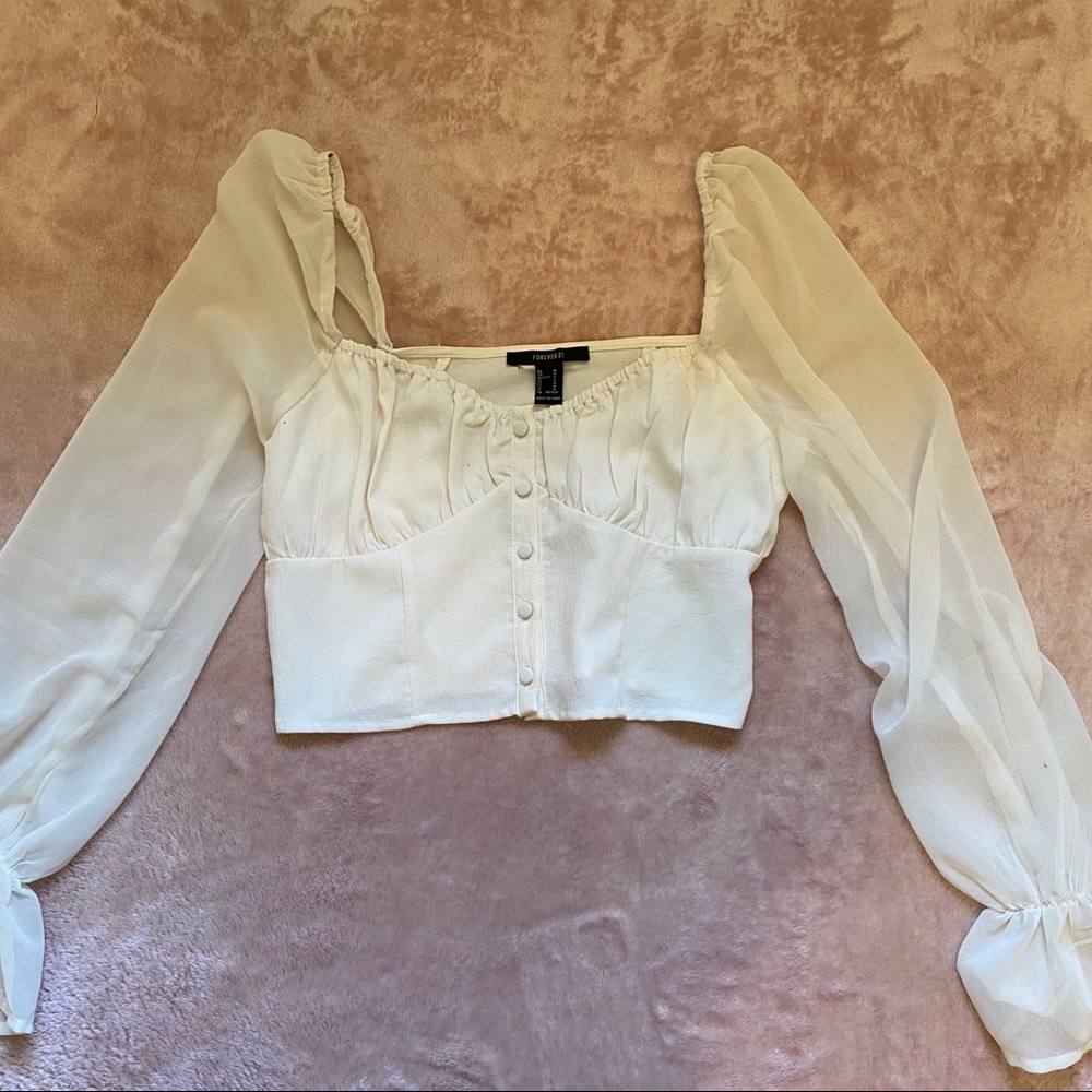F21 Cream Button Up Blouse with Sheer Sleeves
